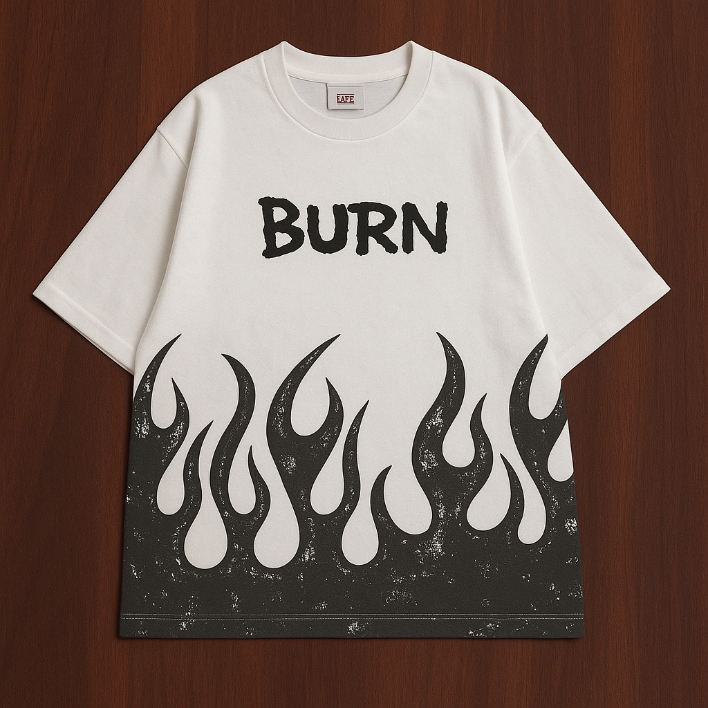 BURN FIRE PRINTED DROP SHOULDER TEES